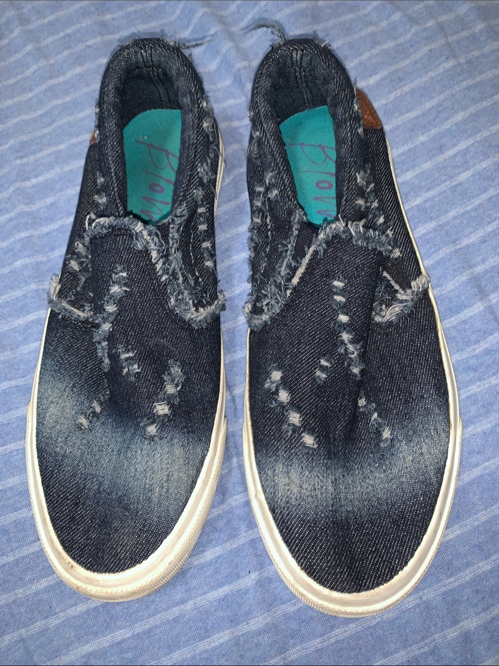 Frayed Denim Slip-On Sneakers - Dark Blue